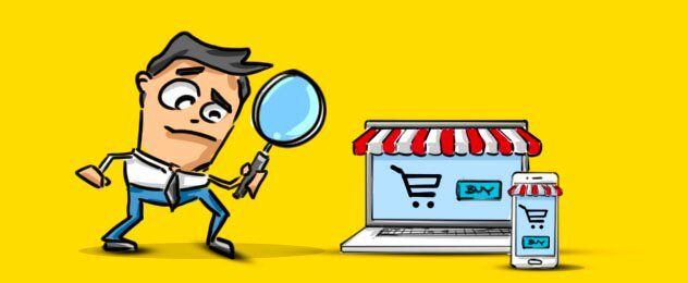 hombre con lupa y tienda online