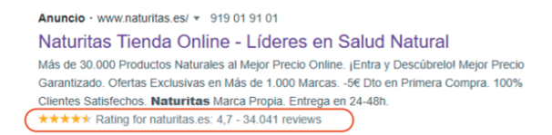 google ad naturitas extension calificacion vendedor